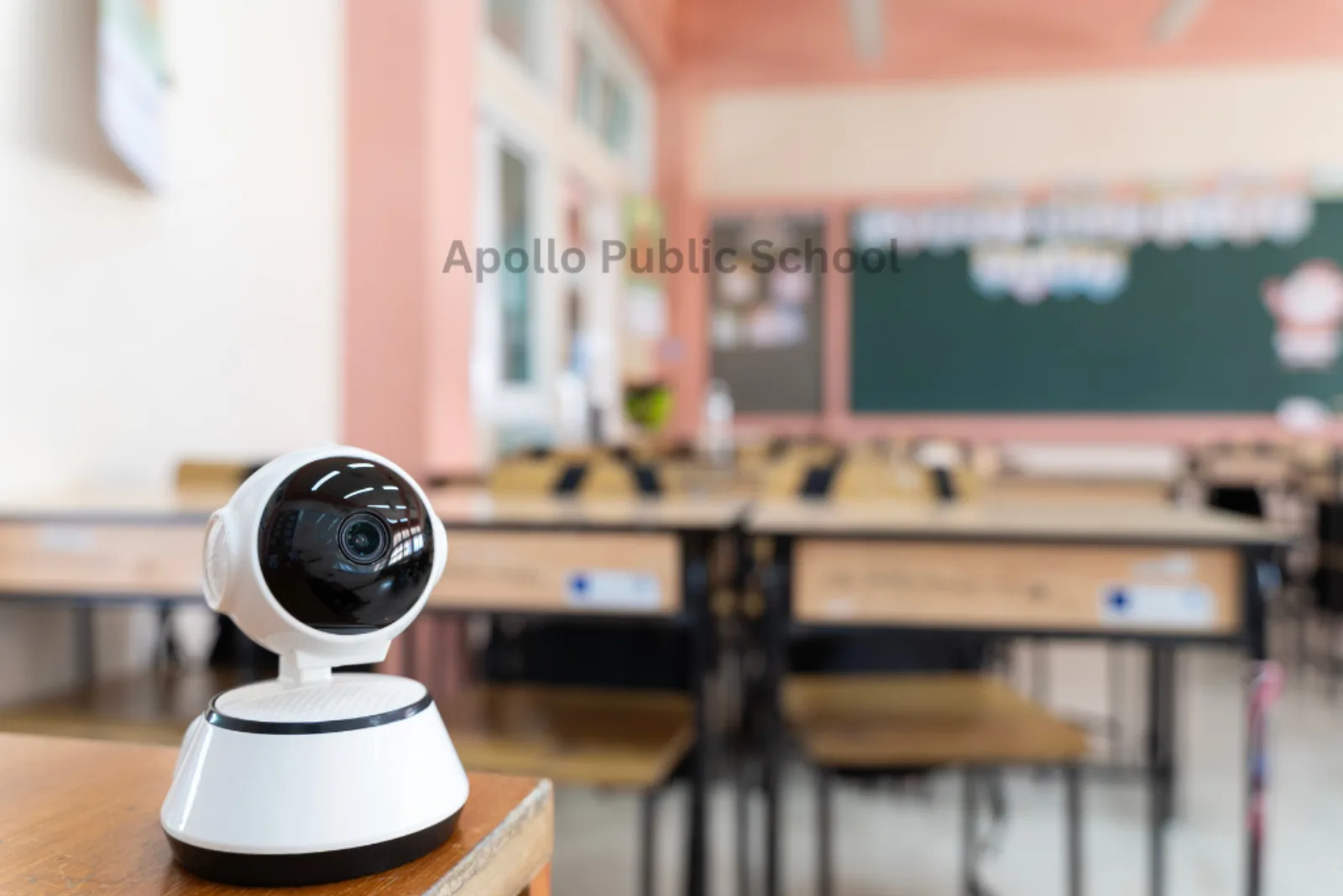 A CCTV camera mounted in the corner of a classroom, monitoring rows of empty desks