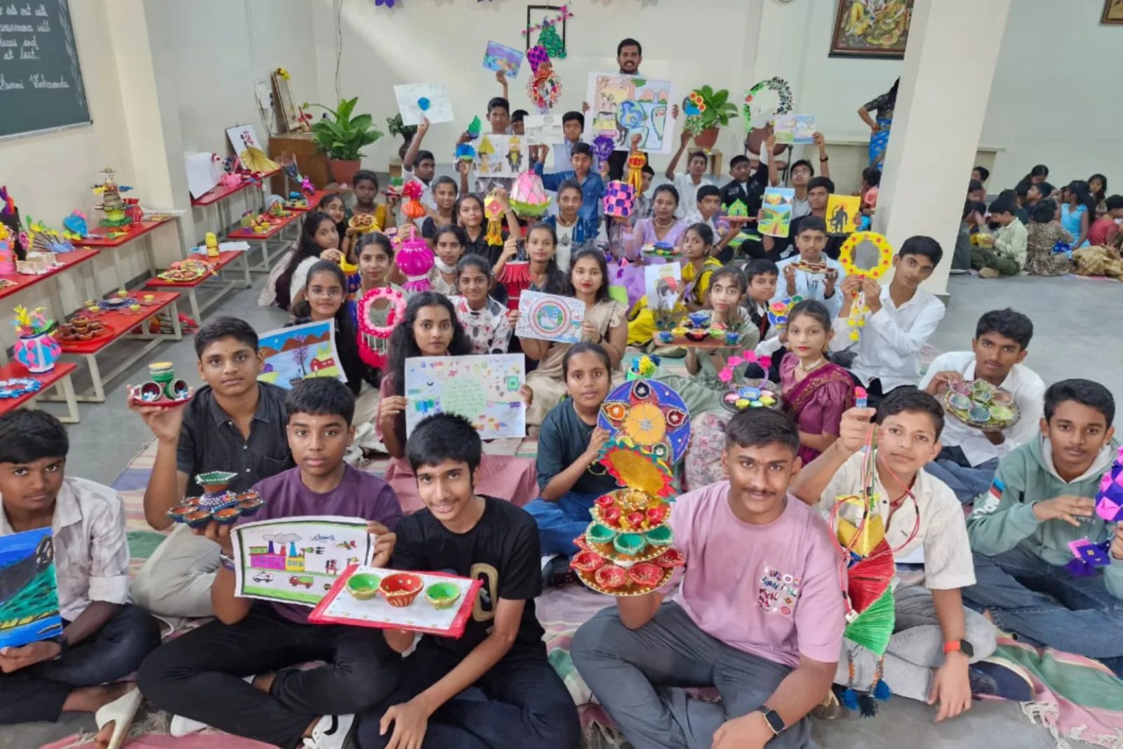 Students and staff distributing gifts to a group of elderly community members
